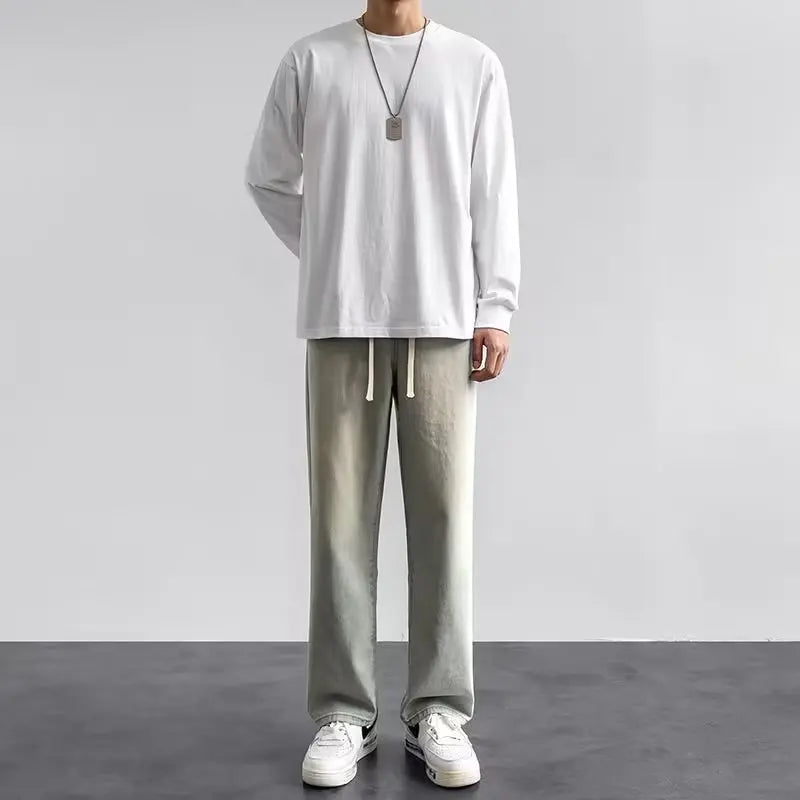 New 2024 Hot Selling Korean Men's Casual Long Denim Classic Men's Straight Leg High Street Denim Wide Leg Pants