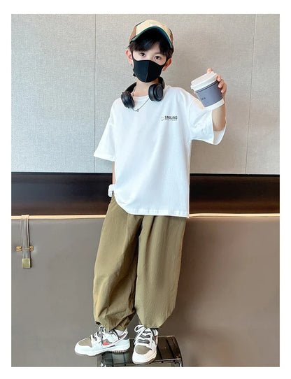 Teens Children's Summer Sets for Boys Clothing Cotton Set 2025 New Fashion Kids Loose Handsome T-shirt+ Lantern Pants Set Outfit