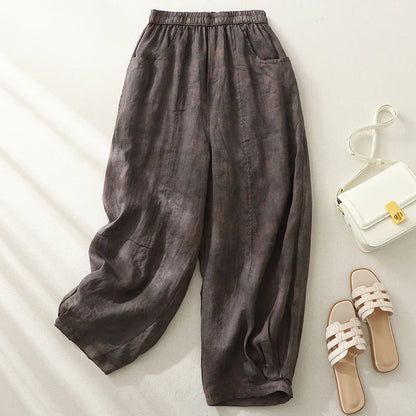 Retro Waterprint Linen Casual Nine-Piece Pants plus Size Women's Loose Elastic Waist Versatile Wide Leg Harlan Pants