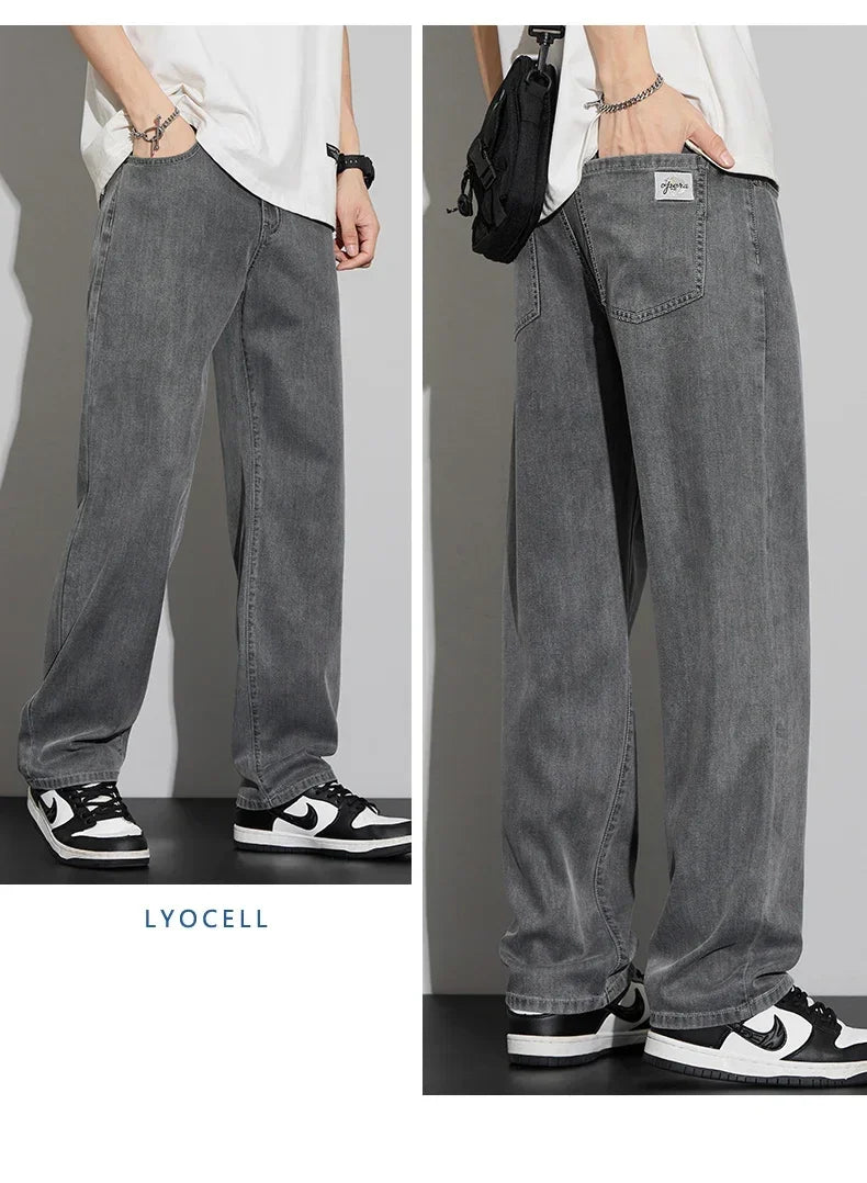 2025 New Lyocell Summer Thin Business Male Pants Jeans Men's High Waist Loose Comfortable Straight Elastic Denim Trousers