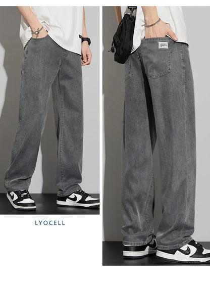 2025 New Lyocell Summer Thin Business Male Pants Jeans Men's High Waist Loose Comfortable Straight Elastic Denim Trousers