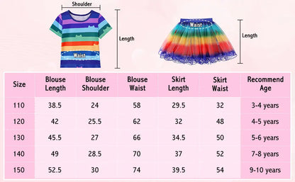 Girls Rainbow Striped T-Shirt Tutu Skirt With Cat Ears Headband Set Halloween Carnival Cosplay Costume Kids Birthday Clothing