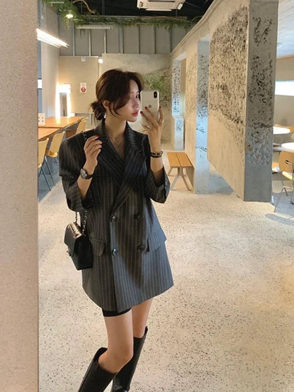 Ele Stripe Loose Faionable Suit Jaet with Belt Hong Kong Sle Retro Chic Top Women's Busin Casual Outerwear