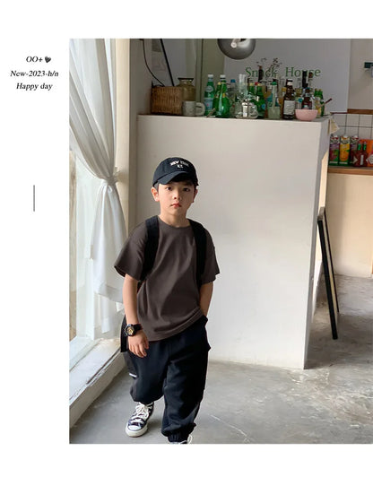Summer Casual School Kids Cotton Plain Tee Tops Baby and Boys Short-Sleeved T-Shirt Children Outfit Clothing 1-16 Years