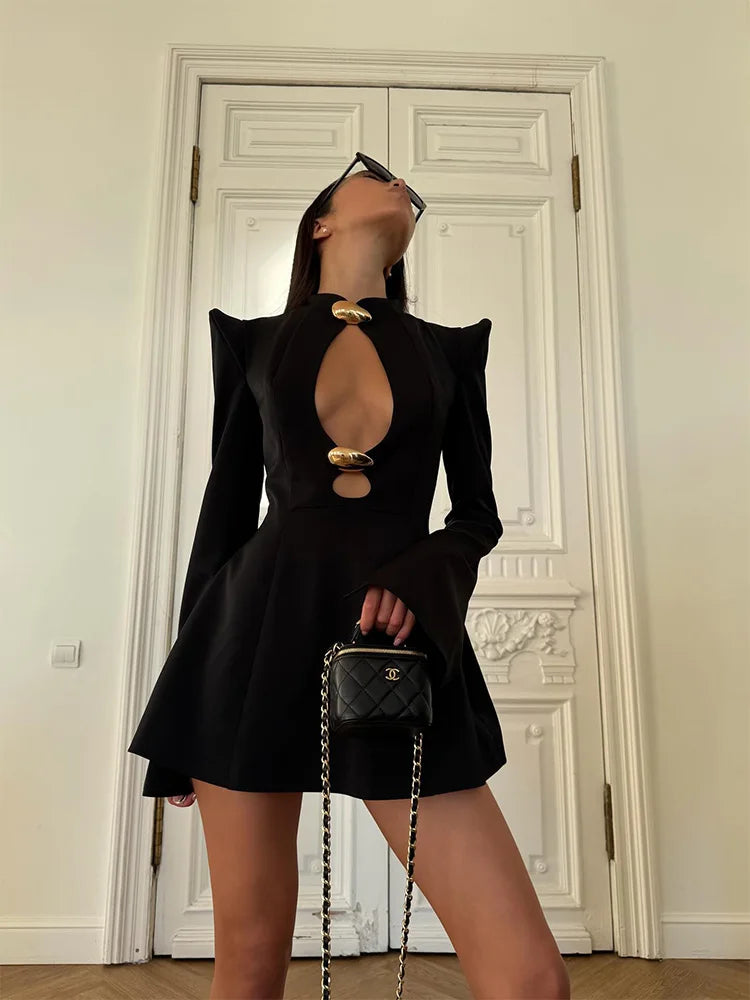 Metal Buckle Hollow Out Women Dresses Autum Fashion Solid O Neck Sheath Long Sleeve Sexy Club Female Bodycon Chic Robes