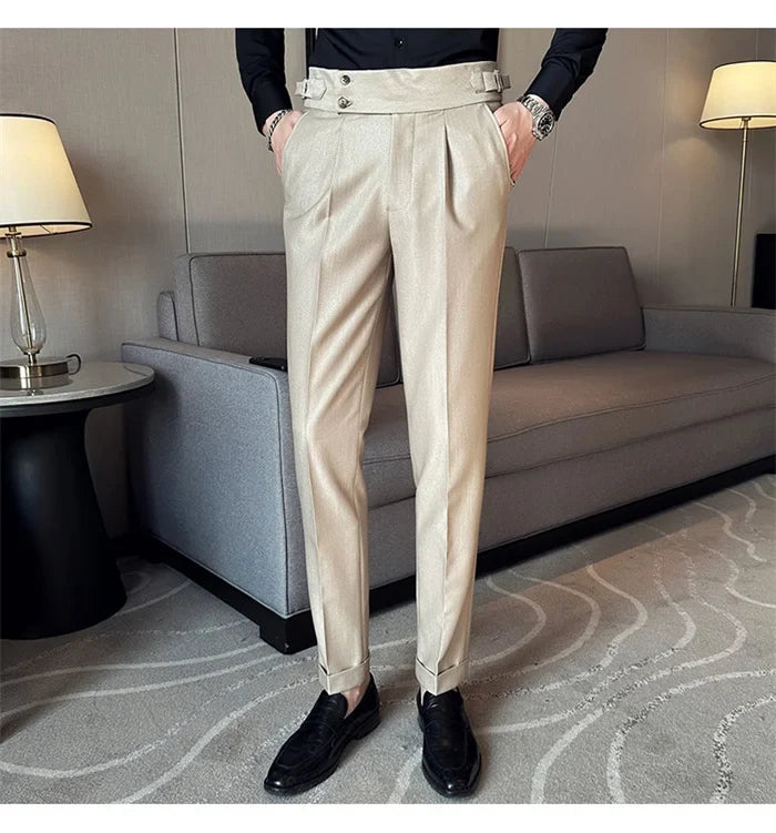 Pure Color Male Business Wedding Dress Pants Fashion Unique Design Men Waist Adjustable Suit Pant No Belt Slim Trousers Homme
