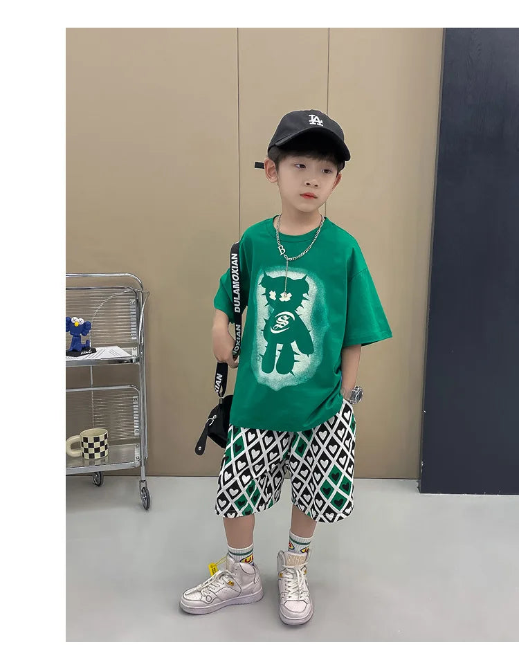 Summer Boys Cotton Short-Sleeved T-shirt Tops+Drawstring Shorts Pant School Kids 2PCS Tracksuit Child Outfit Workout Set 3-14 Yr
