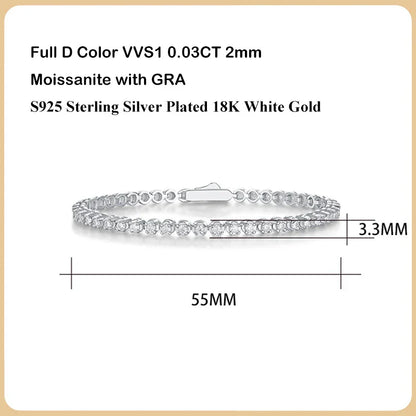 Sparkling Full 0.03ct 2mm D Color Moissanite Tennis Bracelet for Women Girl Fine Jewelry S925 Silver Diamond Link Bracelets