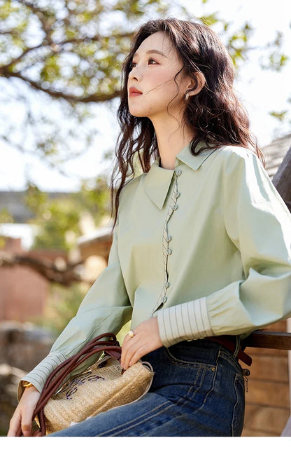 Striped Patchwork Shirt for Women Spring 2025 Irregular Single Breasted Buckle Shirts Lapel Tops Office Lady MXE12C0412