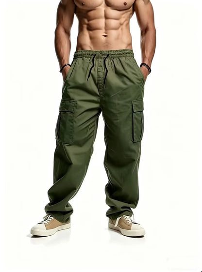 Men's casual multi pocket work pants with loose fit and drawstring waistband suitable for hikingfishingand outdoor exploration