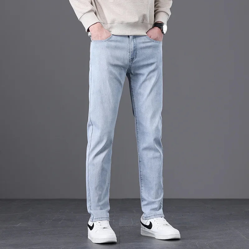 Classic Men Vintage Cloth High Waist Trousers 2024 Autumn Loose Straight Stretch Wash Jeans High Quality Sky Blue Brand Pants