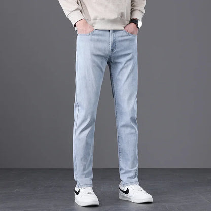 Classic Men Vintage Cloth High Waist Trousers 2024 Autumn Loose Straight Stretch Wash Jeans High Quality Sky Blue Brand Pants
