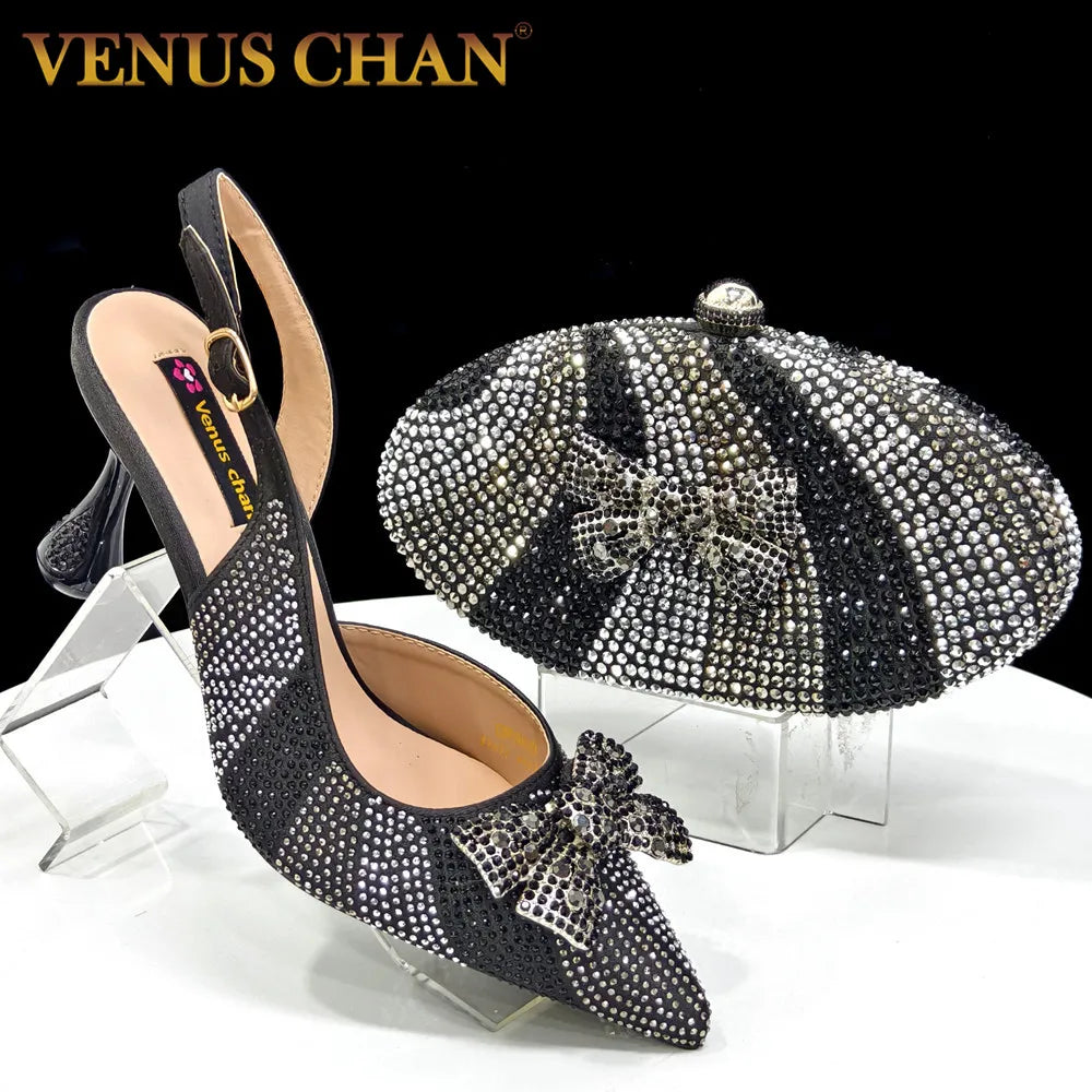 New Arrival Women's Elegant Black Shoes with Rhinestone-Embellished Diamond Heels & Matching Handbag – Perfect Fashion Set for