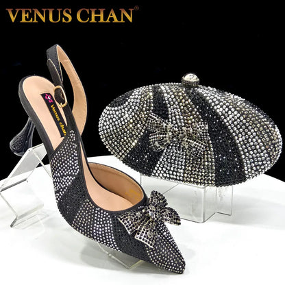 New Arrival Women's Elegant Black Shoes with Rhinestone-Embellished Diamond Heels & Matching Handbag – Perfect Fashion Set for