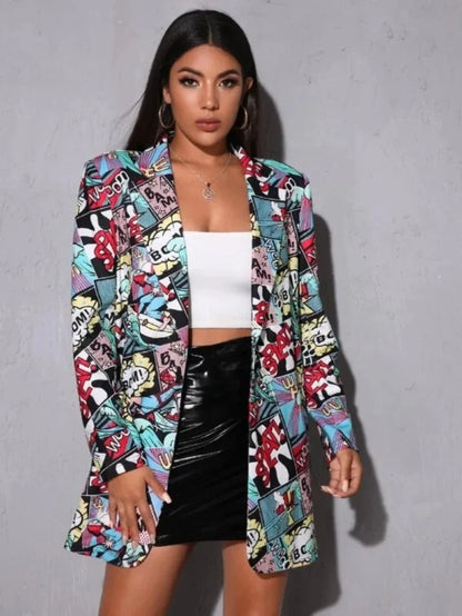 Elegant and Youth Blazer Spring Fashion Vintage Irregular Print Casual Woman Clothing High Street Lapel Blazer Woman Outerwears
