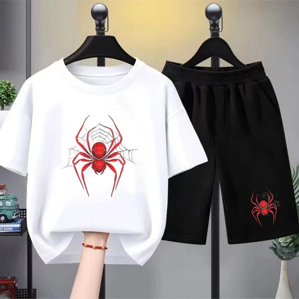 Red Spider Kids Summer T-shirt+Shorts Boy black Girl pink Round Neck Short-sleeved Toddler age 3-12 Casual loose Set print
