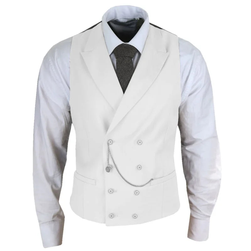 Men Vest White Solid With Lapel Double Button Waistcoat For Banquet Birthday Wedding Business Work Formal Set Men Suit Vest