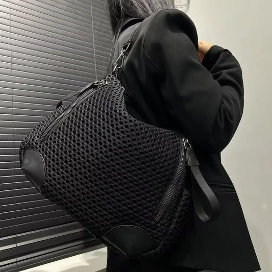 Ladies' fashionable and casual nylon mesh shoulder bag with large capacity retro stitching splicing diagonal cross handbag