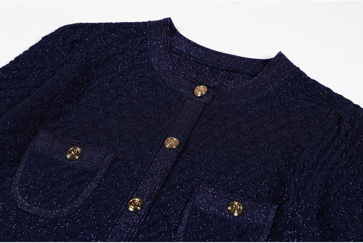 High Quality Fashionable Elastic Bright Silk Knitted Round Neck 7-inch Sleeve Single Row Button Lace Slim Fit Women's Dress