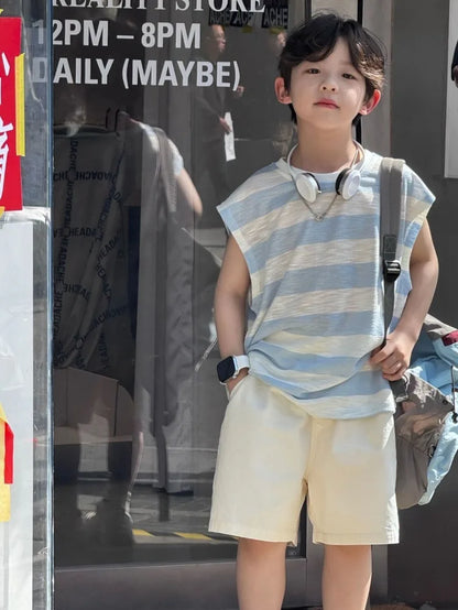 Breathable Lightweight Blue Striped Sleeveless Pure Cotton Shorts Kids Boy Clothes Set Cartoon Children's Fashion Korean Boys'