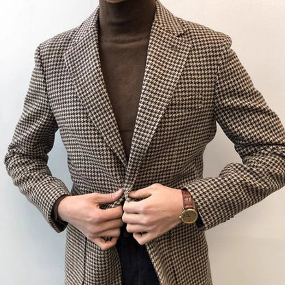 Autumn and Winter Casual Men's Retro Tweed Houndstooth Suit Men's Plus Size Outwear British Gentleman Wool Suit Trendy