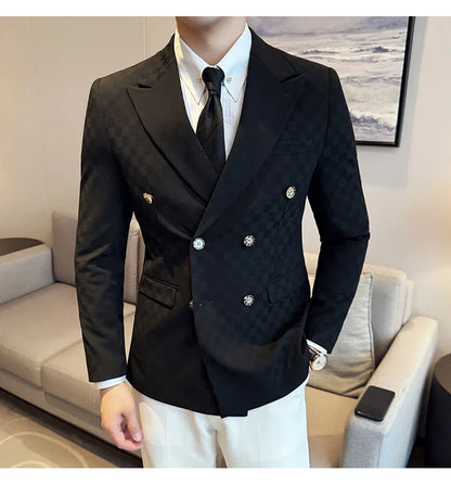 6 Color Luxury Double Breasted Blazers Coats 2024 New Fashion Checkered Business Slim Fit Social   Formal Suit Jacket 5XL-M