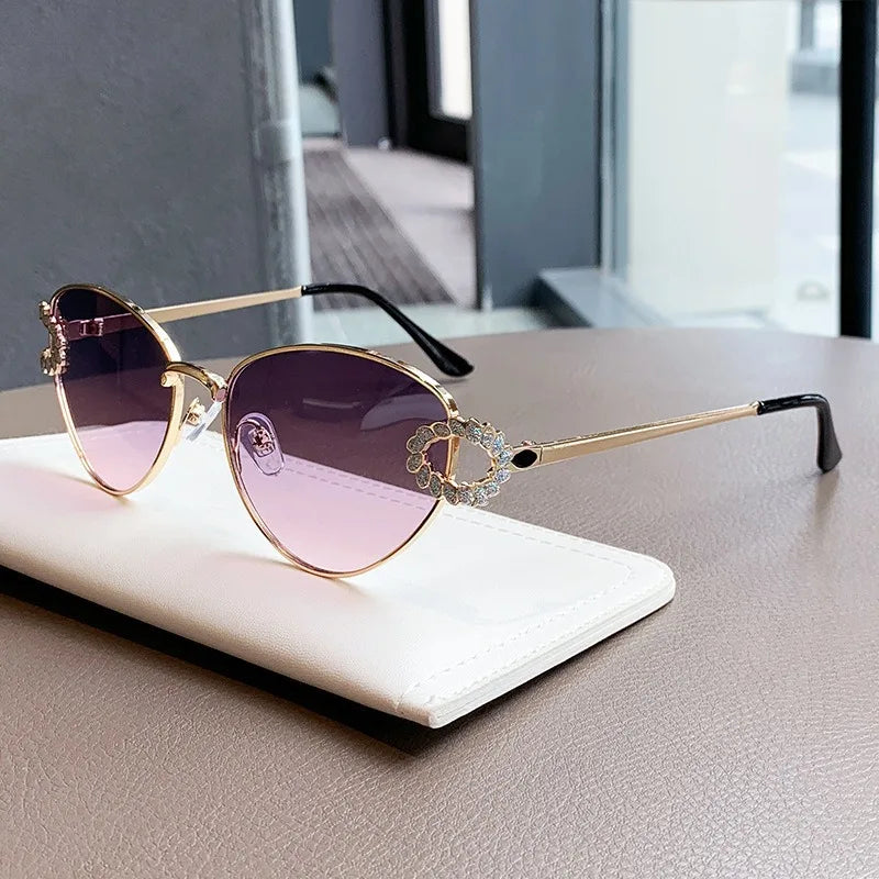 2026 Women Elegant Oval Metal Frame Cat Eye Sunglasses Hollow Rhinestone Wreath Temple UV Protection Gradient Lens Sun Shades