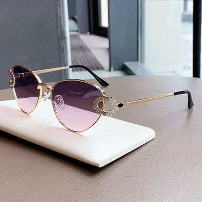 2026 Women Elegant Oval Metal Frame Cat Eye Sunglasses Hollow Rhinestone Wreath Temple UV Protection Gradient Lens Sun Shades