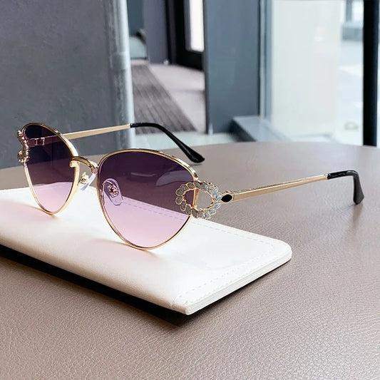 2026 Women Elegant Oval Metal Frame Cat Eye Sunglasses Hollow Rhinestone Wreath Temple UV Protection Gradient Lens Sun Shades