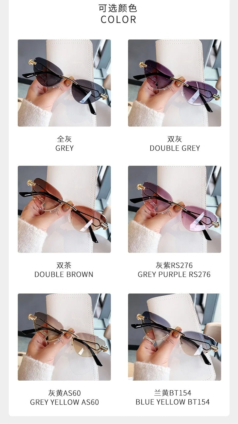 Rimless Cut Edge Cat Eye Sunglasses Gem Inlay Hollow Metal Temple UV400 Gradient Lens Shades for Women Daily Outdoor Sun Glasses