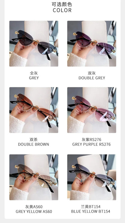 Rimless Cut Edge Cat Eye Sunglasses Gem Inlay Hollow Metal Temple UV400 Gradient Lens Shades for Women Daily Outdoor Sun Glasses