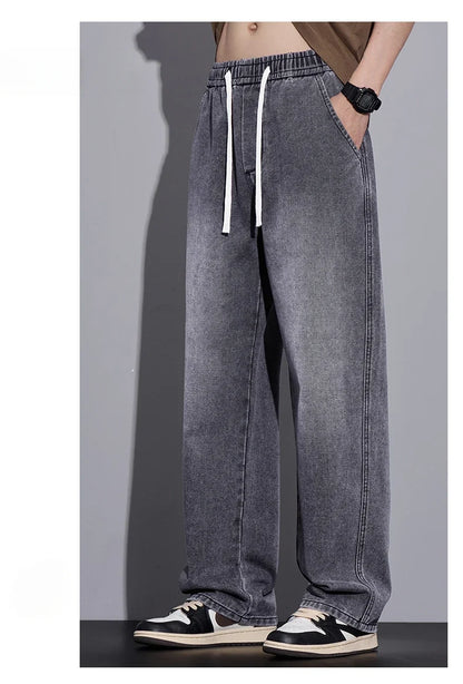 Men's Clothing Wide-leg Pants Baggy Jeans Streetwear Straight Fashion Denim Trousers Y2k Vintage Washed Elastic Waist Man Pants