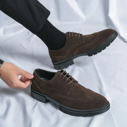 Leather Brock carved business dress shoes for men round head lace-up casual shoes