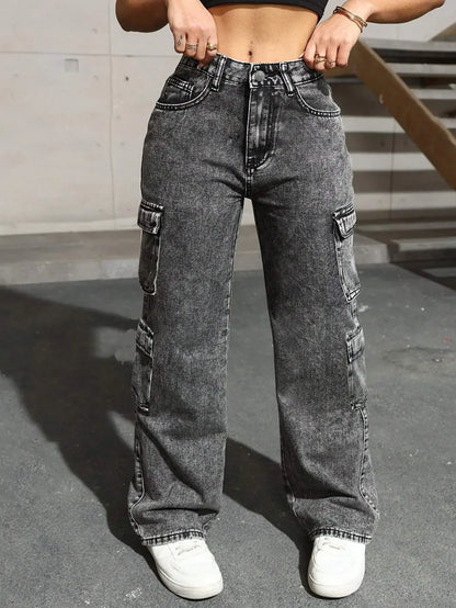 Womens Jeans Y2k Jeans High Waist Stretch Cargo Pants Multiple Pockets Casual Trousers For Ladies Fashion Retro Style