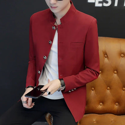 2024 Men's Slim Fit Long Sleeve Casual Suit Korean Trend Stand Collar Fashion Handsome Male Suit