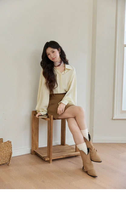 Women's Lapel Lantern Sleeve Shirts 2026 Spring Lace Trim Casual Loose Breathable Solid Shirt Office Lady MXF13C2436
