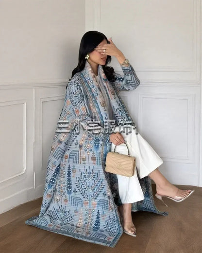 Women's Fold Miyake Pleated Abaya Long Sleeve Print Foldable Collar Robe Cardigan Coat New Winter Fashion Original Design 2026