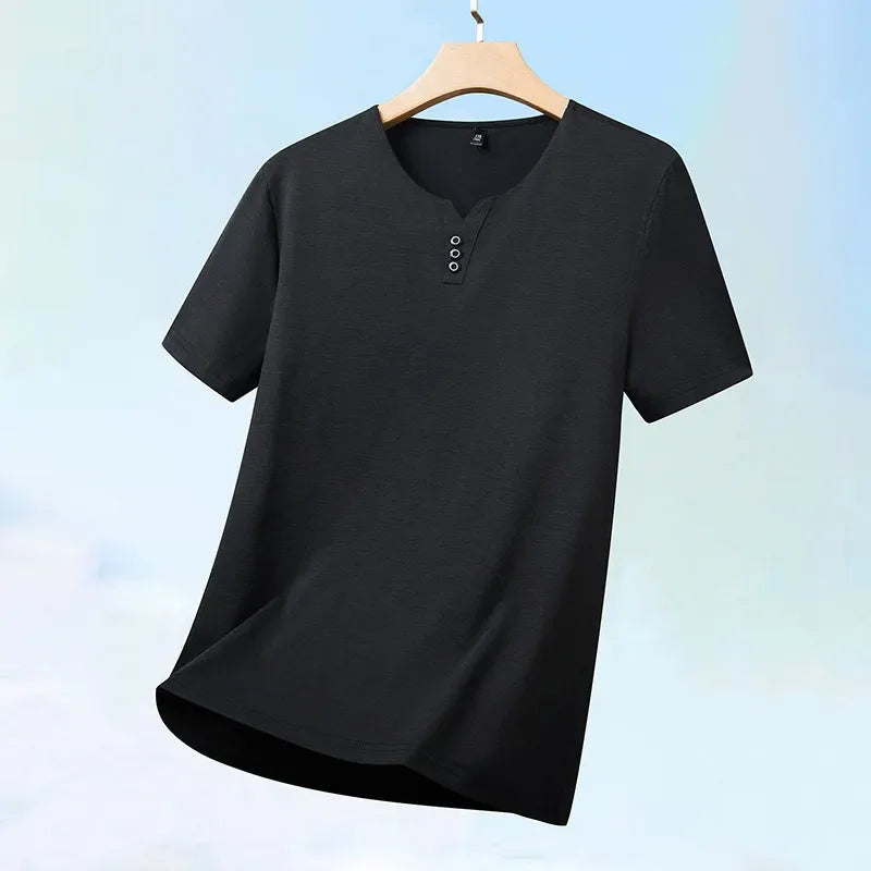 2026 New Men's Business Casual Three Button V-neck Short Sleeved T-shirt Korean Style Summer Comfortable Versatile Top