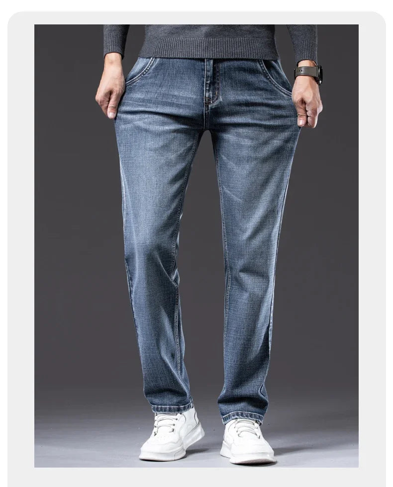 New Men's Slim Straight Elastic Jeans Fashion Business Casual Comfortable Soft Denim Trousers High Quality Mens Designer Clothes