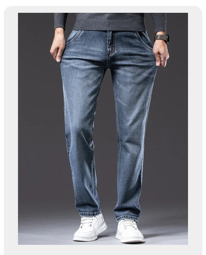 New Men's Slim Straight Elastic Jeans Fashion Business Casual Comfortable Soft Denim Trousers High Quality Mens Designer Clothes