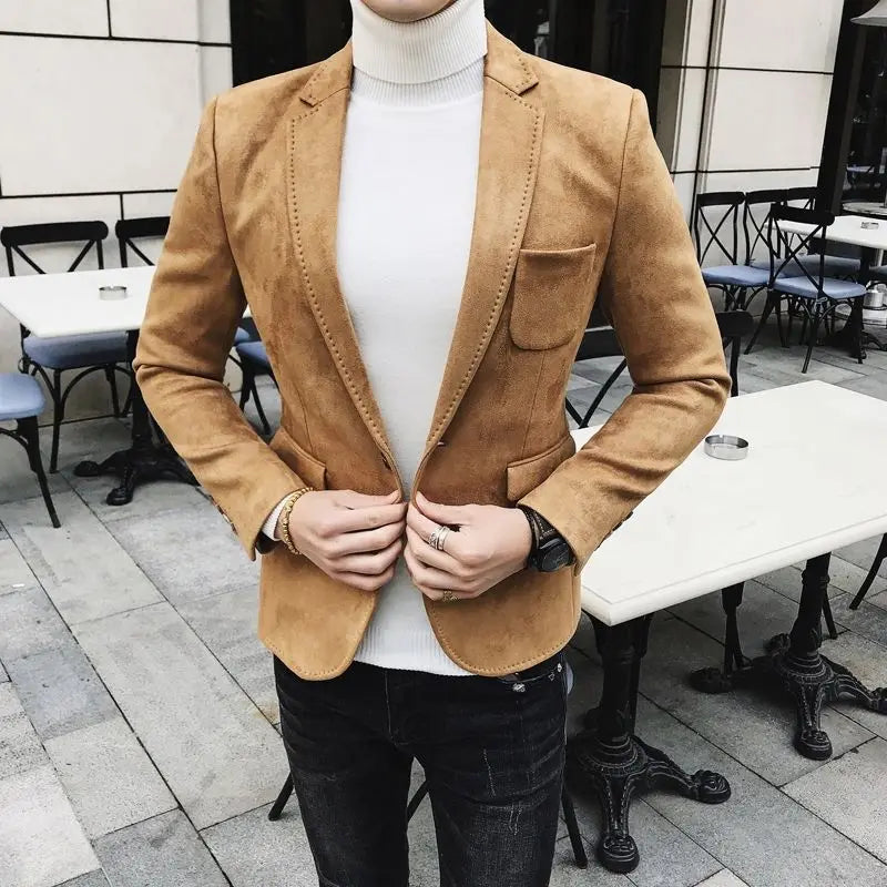 Spring Vintage Suede Suit Jacket Men Casual Business Slim Fit Blazer Deerskin Leather Jacket Men Wedding Street Wear Social Coat