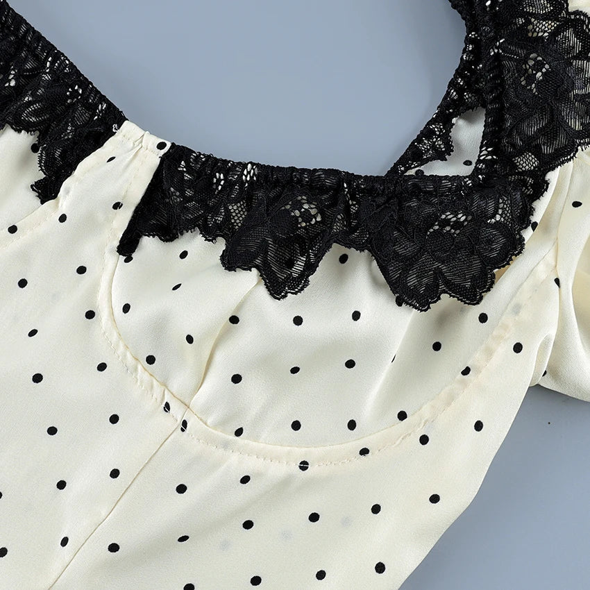 Vintage Polka Dot Square Collar Shirts Elegant Lace Puff Sleeve Woman Blouse 2026 Fashion Sexy Pullover Ladies Tops Spring