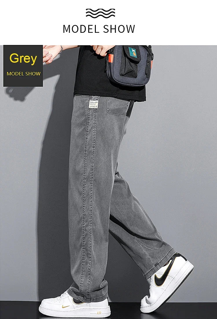 Summer Soft Lyocell Fabric Men's Jeans Thin Loose Straight Pants Drawstring Elastic Waist Korea Casual Trousers Plus Size M-5XL