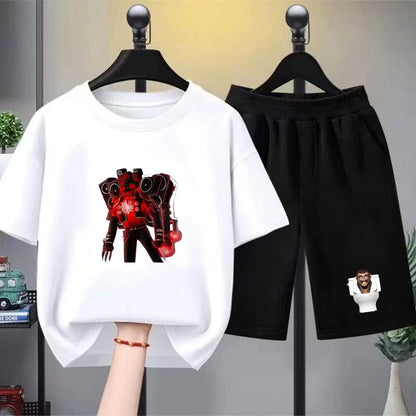 Skibidi Toilet Children T-shirt+bottom wear Age 3-12 Girls boy Set black 2pcs Kids Set Print Summer Anime Toilet Monitor Tshirt