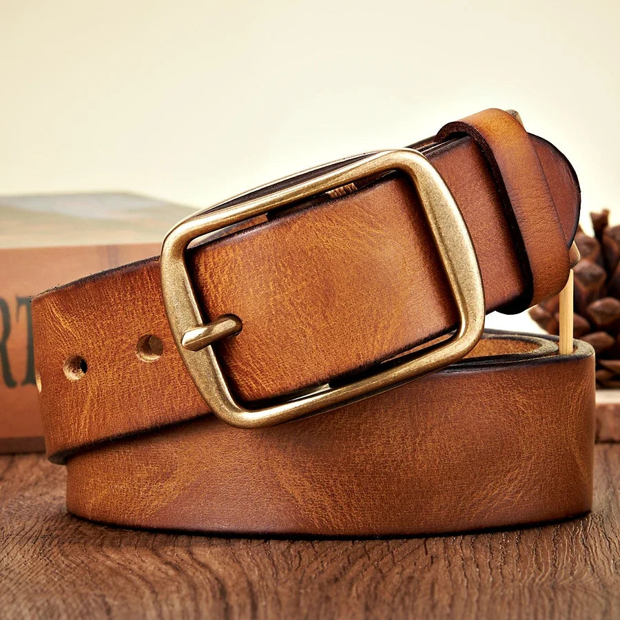 3.8CM Real Genuine Thick Leather Belt Cowhide Copper Pin Buckle Casual Jeans Belt Men High Quality Retro Cowboy Belt Male Strap