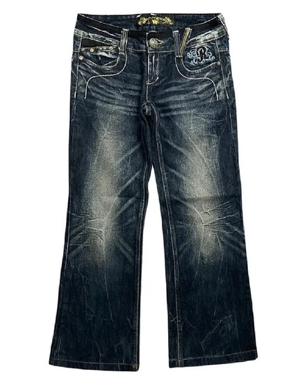 Embroidered Women Jeans Y2K Millennium Harajuku Slim Flared Jeans American Fashion High Street Large Size Butterfly