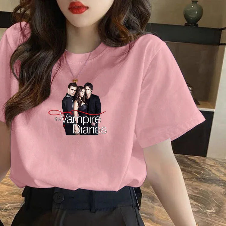 Vampire Diaries Cotton Women Girls Casual Harajuku T-shirt O-neck Short Sleeve Streetwear Ladies Graphic Summer Female T-shirt