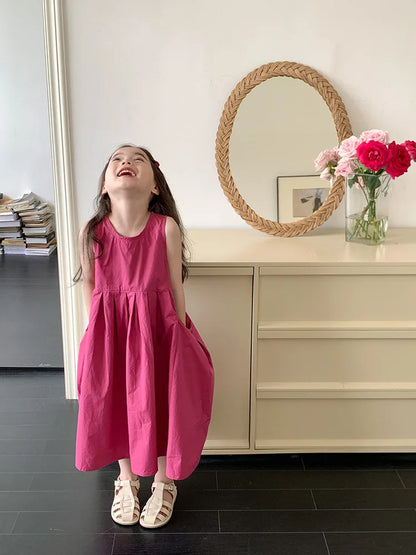 2026 New Summer Children Girls Sleeveless Dress Teen Solid Color Cotton Loose Casual Sundress Kids Vacation Style Princess Dress