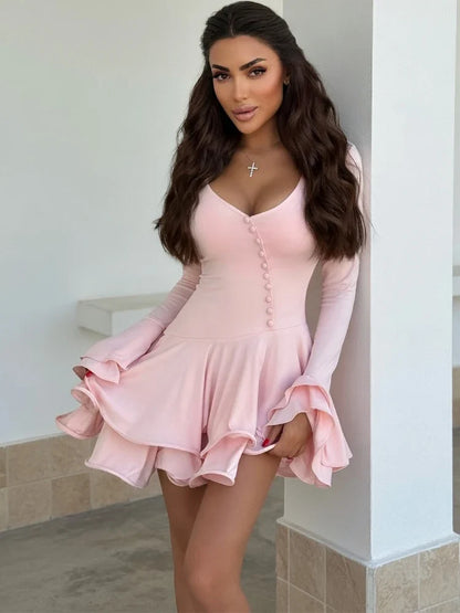 Fashion Ruffled V-Neck Mini Dress Women High Waist Patchwork Sexy Long Sleeve Commute Dress Female Summer Party Bodycon Dress