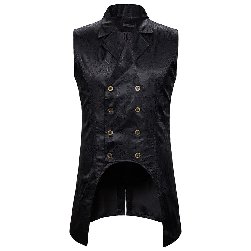2026 Eur-Usa Fashion Elegant Jacquard Mid Length Tailcoat Vest for Men, Navy Blue Vintage Gothic Sleeveless Palace Men's Tuxedo